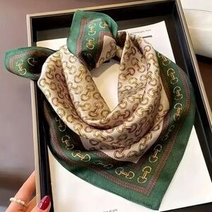 Square Scarf Green Edge Golden Buckles Printed, Silky Style Neck Scarf